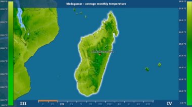 Ortalama sıcaklık ay tarafından animasyonlu gösterge - İngilizce etiketleri Madagaskar bölge: ülke ve sermaye adları, açıklama göster. Sterografik projeksiyon