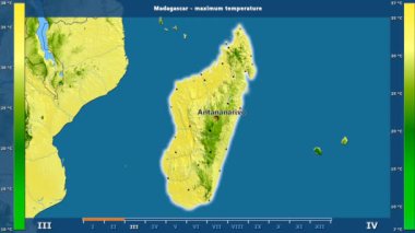 Madagaskar alanda animasyonlu gösterge - İngilizce etiketleri ile aya göre maksimum sıcaklık: ülke ve sermaye adları, açıklama göster. Sterografik projeksiyon