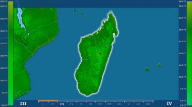 Animasyonlu efsanesi - parlayan şekli, idari sınırları, ana şehirler, sermaye ile Madagaskar alanında minimum sıcaklığı aya göre. Sterografik projeksiyon