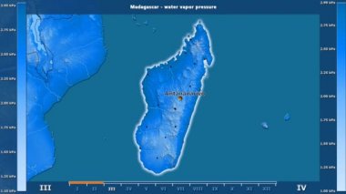 Madagaskar alanda animasyonlu gösterge - İngilizce etiketleri ile aya göre su buhar basıncı: ülke ve sermaye adları, açıklama göster. Sterografik projeksiyon