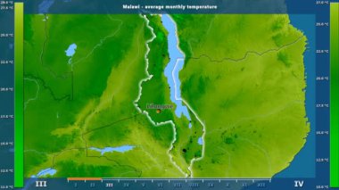Ortalama sıcaklık ay tarafından animasyonlu gösterge - İngilizce etiketleri Malavi bölge: ülke ve sermaye adları, açıklama göster. Sterografik projeksiyon