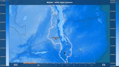 Malavi alanda animasyonlu gösterge - İngilizce etiketleri ile aya göre su buhar basıncı: ülke ve sermaye adları, açıklama göster. Sterografik projeksiyon