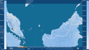 Animasyonlu efsanesi - parlayan şekli, idari sınırları, ana şehirler, sermaye ile Malezya alan yağış aya göre. Sterografik projeksiyon