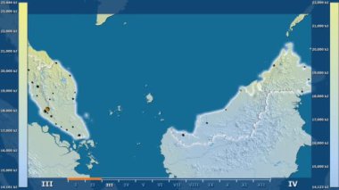 Animasyonlu efsanesi - parlayan şekli, idari sınırları, ana şehirler, sermaye ile Malezya alanında güneş radyasyonu aya göre. Sterografik projeksiyon