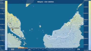 Aya göre güneş radyasyonu animasyonlu efsanesi - İngilizce etiketleri ile Malezya alanında: ülke ve sermaye adları, açıklama göster. Sterografik projeksiyon