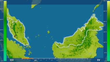 Animasyonlu efsanesi - parlayan şekli, idari sınırları, ana şehirler, sermaye ile Malezya alanında ortalama sıcaklık aya göre. Sterografik projeksiyon
