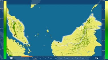 Animasyonlu efsanesi - parlayan şekli, idari sınırları, ana şehirler, sermaye ile Malezya alanında maksimum sıcaklık aya göre. Sterografik projeksiyon