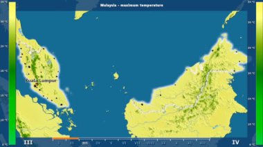 Aya göre maksimum sıcaklık animasyonlu efsanesi - İngilizce etiketleri ile Malezya alanında: ülke ve sermaye adları, açıklama göster. Sterografik projeksiyon