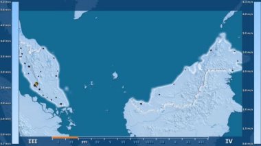 Hız animasyonlu efsanesi - parlayan şekli, idari sınırları, ana şehirler, sermaye ile Malezya alanında aya göre rüzgar. Sterografik projeksiyon