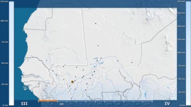 Animasyonlu efsanesi - parlayan şekli, idari sınırları, ana şehirler, sermaye ile Mali alanda yağış aya göre. Sterografik projeksiyon
