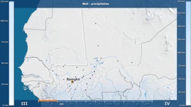 Aya göre yağış animasyonlu efsanesi - İngilizce etiketleri ile Mali alanda: ülke ve sermaye adları, açıklama göster. Sterografik projeksiyon