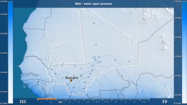 Animasyonlu efsanesi - İngilizce etiketleri ile Mali alanda aya göre su buhar basıncı: ülke ve sermaye adları, açıklama göster. Sterografik projeksiyon