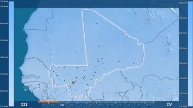 Hız aya göre Mali alanda animasyonlu gösterge - parlayan şekli, idari sınırları, ana şehirler, sermaye ile rüzgar. Sterografik projeksiyon
