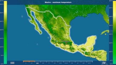 Aya göre maksimum sıcaklık animasyonlu efsanesi - İngilizce etiketleri ile Meksika alanında: ülke ve sermaye adları, açıklama göster. Sterografik projeksiyon