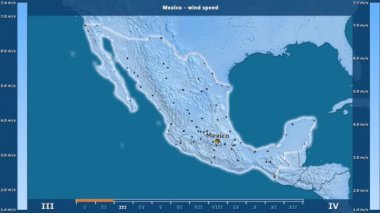 Rüzgar hızı aya göre animasyonlu efsanesi - İngilizce etiketleri ile Meksika alanında: ülke ve sermaye adları, açıklama göster. Sterografik projeksiyon
