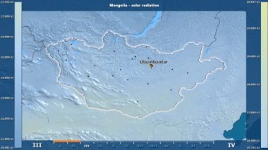 Aya göre güneş radyasyonu animasyonlu efsanesi - İngilizce etiketleri ile Moğolistan alanında: ülke ve sermaye adları, açıklama göster. Sterografik projeksiyon