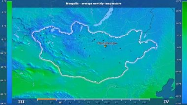 Ortalama sıcaklık ay tarafından animasyonlu efsanesi - İngilizce etiketleri ile Moğolistan alanında: ülke ve sermaye adları, açıklama göster. Sterografik projeksiyon