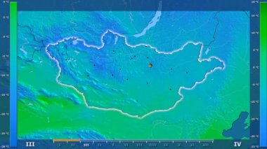 Animasyonlu efsanesi - parlayan şekli, idari sınırları, ana şehirler, sermaye ile Moğolistan alanında ortalama sıcaklık aya göre. Sterografik projeksiyon