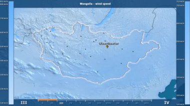 Rüzgar hızı aya göre animasyonlu efsanesi - İngilizce etiketleri ile Moğolistan alanında: ülke ve sermaye adları, açıklama göster. Sterografik projeksiyon