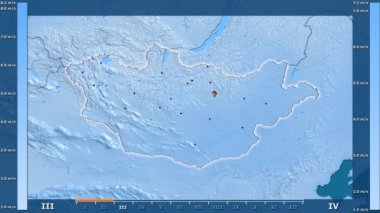 Hız animasyonlu efsanesi - parlayan şekli, idari sınırları, ana şehirler, sermaye ile Moğolistan alan aya göre rüzgar. Sterografik projeksiyon