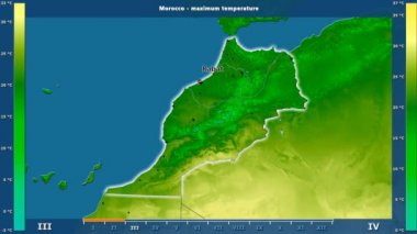 Aya göre maksimum sıcaklık animasyonlu efsanesi - İngilizce etiketleri ile Fas alanında: ülke ve sermaye adları, açıklama göster. Sterografik projeksiyon