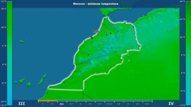 Animasyonlu efsanesi - İngilizce etiketleri ile Fas alanında aya göre minimum sıcaklığı: ülke ve sermaye adları, açıklama göster. Sterografik projeksiyon
