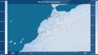 Animasyonlu efsanesi - İngilizce etiketleri ile Fas alanında aya göre su buhar basıncı: ülke ve sermaye adları, açıklama göster. Sterografik projeksiyon