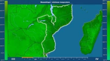 Mozambik alanda animasyonlu gösterge - İngilizce etiketleri ile aya göre minimum sıcaklığı: ülke ve sermaye adları, açıklama göster. Sterografik projeksiyon