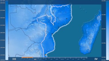 Animasyonlu gösterge - parlayan şekli, idari sınırları, ana şehirler, sermaye ile Mozambik bölgede su buharı basıncı aya göre. Sterografik projeksiyon