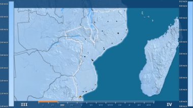 Hız Mozambik alanda animasyonlu gösterge - parlayan şekli, idari sınırları, ana şehirler, sermaye ile aya göre rüzgar. Sterografik projeksiyon