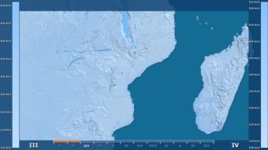 Rüzgar hızı Mozambik alanda animasyonlu gösterge - ham renk shader ile aya göre. Sterografik projeksiyon
