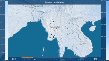 Animasyonlu efsanesi - İngilizce etiketleri ile Myanmar alanında aylık Yağış: ülke ve sermaye adları, açıklama göster. Sterografik projeksiyon