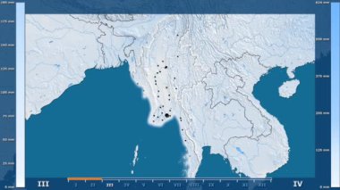 Animasyonlu gösterge - parlayan şekli, idari sınırları, ana şehirler, sermaye ile Myanmar bölgede yağış aya göre. Sterografik projeksiyon