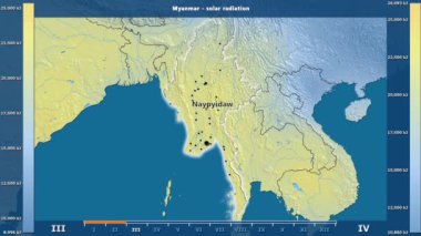 Aya göre güneş radyasyonu ile animasyonlu gösterge - İngilizce etiketleri Myanmar alanında: ülke ve sermaye adları, açıklama göster. Sterografik projeksiyon
