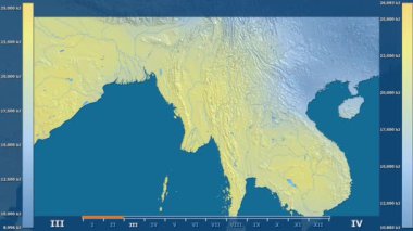 Animasyonlu efsanesi - ham renk shader ile Myanmar alanında güneş radyasyonu aya göre. Sterografik projeksiyon