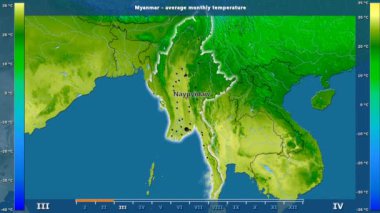 Ortalama sıcaklık ay tarafından animasyonlu gösterge - İngilizce etiketleri Myanmar bölge: ülke ve sermaye adları, açıklama göster. Sterografik projeksiyon