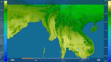 Animasyonlu efsanesi - ham renk shader ile Myanmar alanında ortalama sıcaklık aya göre. Sterografik projeksiyon