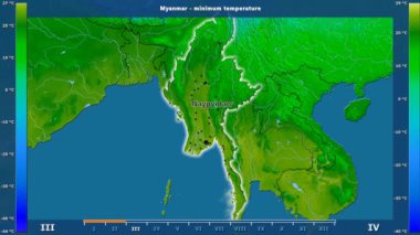 Myanmar alanda animasyonlu gösterge - İngilizce etiketleri ile aya göre minimum sıcaklığı: ülke ve sermaye adları, açıklama göster. Sterografik projeksiyon