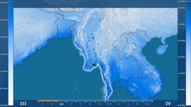 Animasyonlu gösterge - parlayan şekli, idari sınırları, ana şehirler, sermaye ile Myanmar bölgede su buharı basıncı aya göre. Sterografik projeksiyon