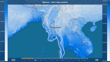 Myanmar alanda animasyonlu gösterge - İngilizce etiketleri ile aya göre su buhar basıncı: ülke ve sermaye adları, açıklama göster. Sterografik projeksiyon