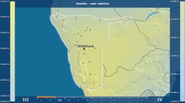 Aya göre güneş radyasyonu animasyonlu efsanesi - İngilizce etiketleri ile Namibya alanında: ülke ve sermaye adları, açıklama göster. Sterografik projeksiyon