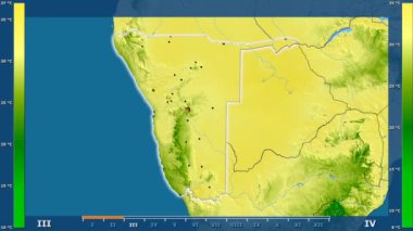 Animasyonlu efsanesi - parlayan şekli, idari sınırları, ana şehirler, sermaye ile Namibya alanında maksimum sıcaklık aya göre. Sterografik projeksiyon
