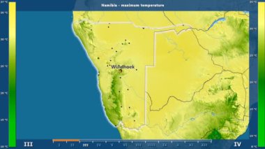 Aya göre maksimum sıcaklık animasyonlu efsanesi - İngilizce etiketleri ile Namibya alanında: ülke ve sermaye adları, açıklama göster. Sterografik projeksiyon