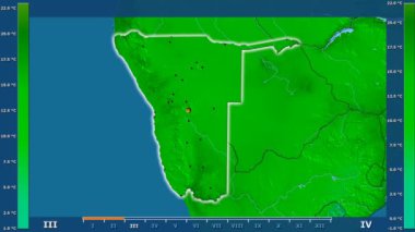 Animasyonlu efsanesi - parlayan şekli, idari sınırları, ana şehirler, sermaye ile Namibya alanında minimum sıcaklığı aya göre. Sterografik projeksiyon