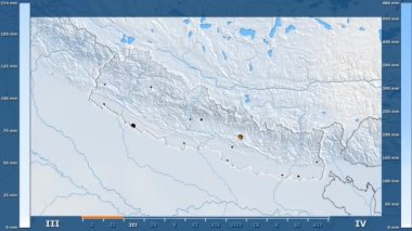 Nepal alan animasyonlu efsanesi - parlayan şekli, idari sınırları, ana şehirler, sermaye ile yağış aya göre. Sterografik projeksiyon