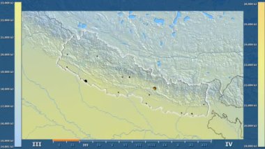 Nepal alan animasyonlu efsanesi - parlayan şekli, idari sınırları, ana şehirler, sermaye ile güneş radyasyonu aya göre. Sterografik projeksiyon