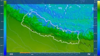 Nepal alan animasyonlu efsanesi - parlayan şekli, idari sınırları, ana şehirler, sermaye ile ortalama sıcaklık aya göre. Sterografik projeksiyon