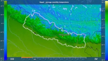 Ortalama sıcaklık ay tarafından animasyonlu gösterge - İngilizce etiketleri Nepal bölge: ülke ve sermaye adları, açıklama göster. Sterografik projeksiyon