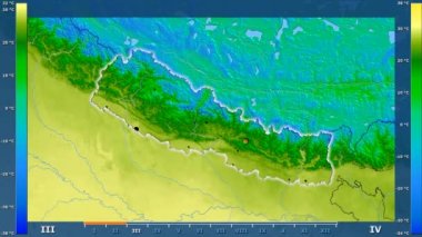 Nepal alan animasyonlu efsanesi - parlayan şekli, idari sınırları, ana şehirler, sermaye ile maksimum sıcaklık aya göre. Sterografik projeksiyon