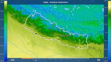 Nepal alan animasyonlu efsanesi - İngilizce etiketleri ile aya göre maksimum sıcaklık: ülke ve sermaye adları, açıklama göster. Sterografik projeksiyon